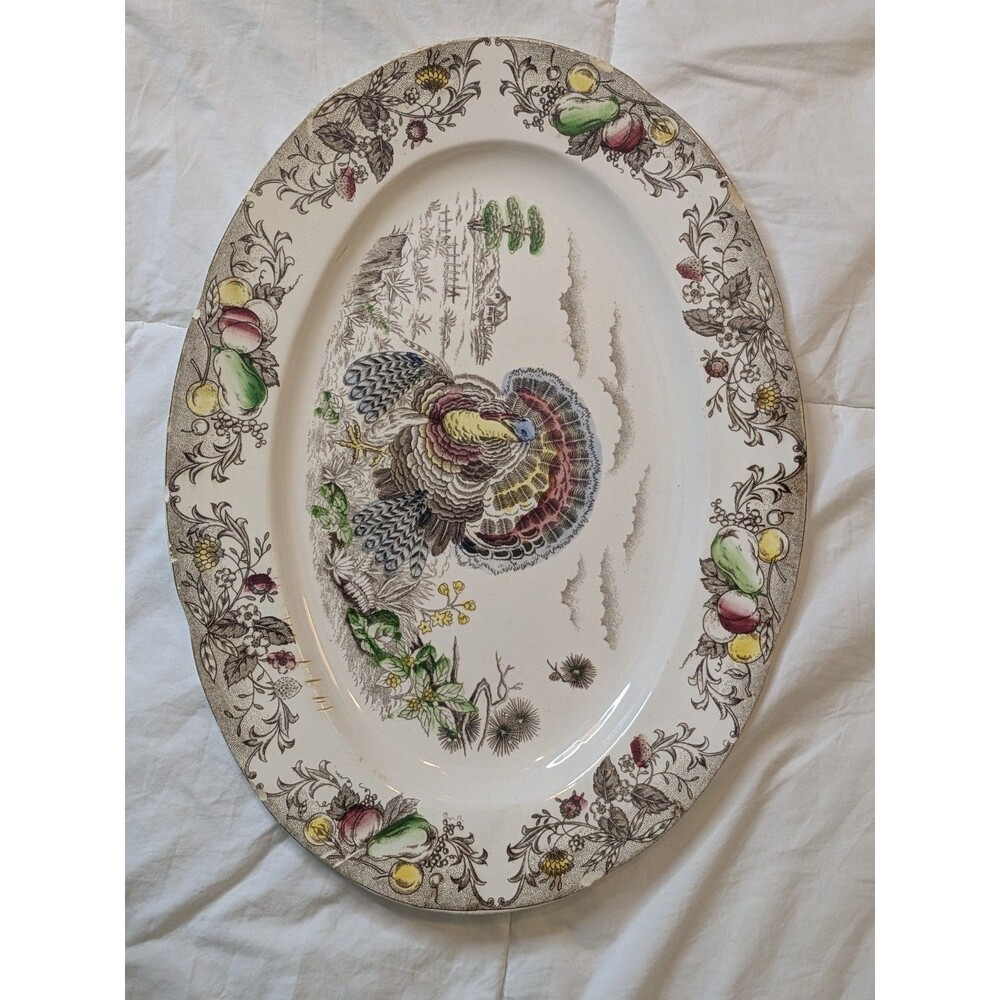 Vintage COLORFUL Turkey Meat Platter Transfer ware Corona Brand 14/18.5